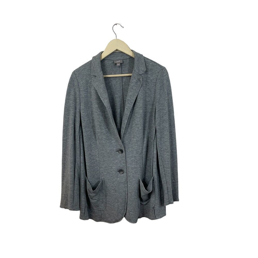J Jill Large Wool Rayon Jacket Gray Lightweight Button Front V-Neck Womens